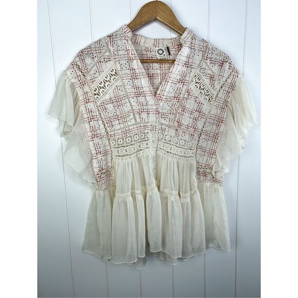 Anthropologie Akemi + Kin Lindy Popover Top Eyelet Embroidery White Pink Flowy S - Picture 5 of 15